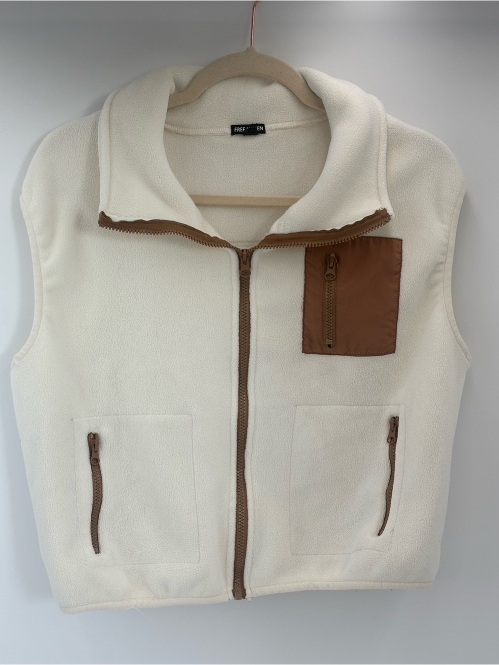 Free‎ Haven Womens Medium Cream Fleece Vest Brown Pocket Zip Up Utility Outdoors